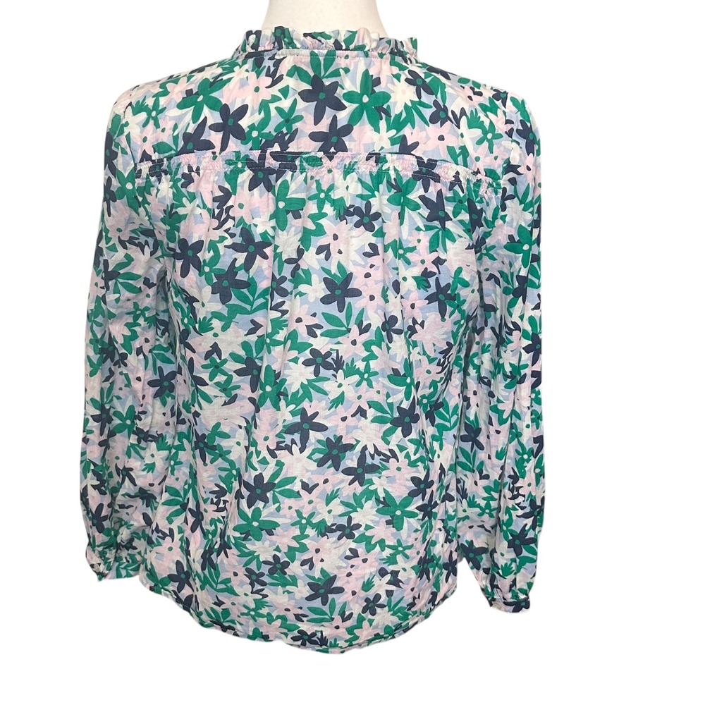 Talbots Petite Top Women's SP Navy Pink Floral‎ Ruffle Neck Button Up Shirt - Picture 3 of 9